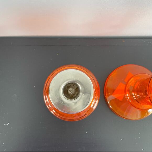 EQ3 | Bright Orange Glass Candlestick Candle Holders Funky MCM Taper Bubble 3pc - Picture 6 of 9